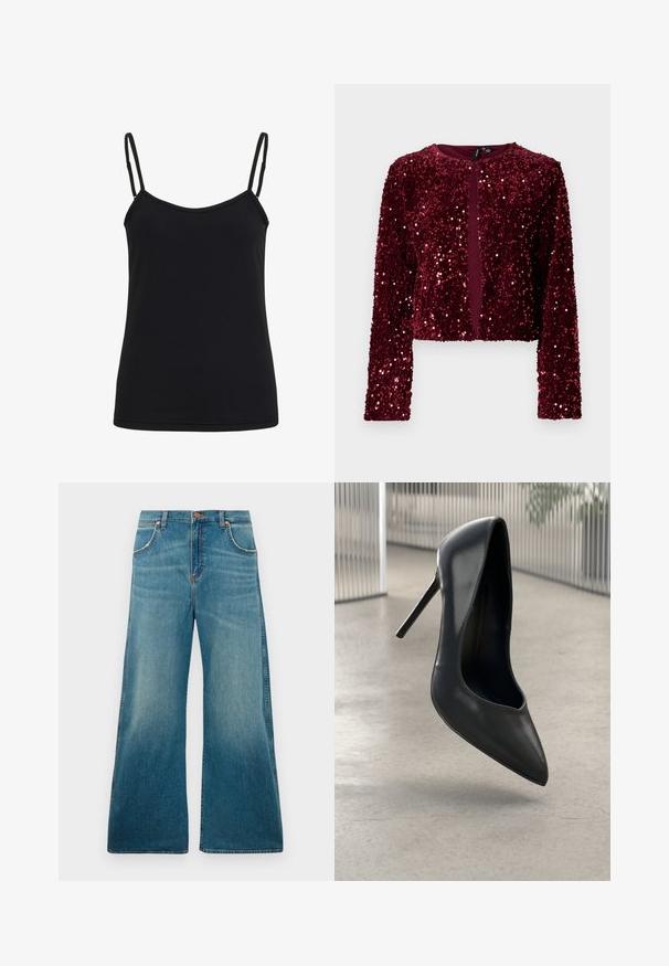 Veste courte bourgogne avec des manches longues, recouverte de paillettes brillantes. Dotée d'un col arrondi et d'un design à devant ouvert.; Kaffe KAARINA STRAP - Débardeur - black deep; Jeans en denim bleu taille haute avec jambes larges, poches avant, fermeture à bouton et dégradé de couleur usé allant de la taille à l'ourlet.; Escarpin noir en cuir verni à talons hauts avec bout pointu, au design élégant et sans hardware visible. Texture lisse et style minimaliste.