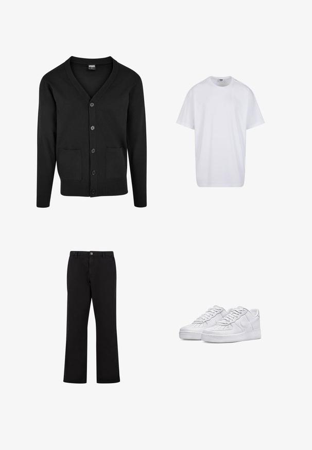 Cárdigan negro hecho de material suave, con escote en V, mangas largas, cinco botones y dos bolsillos frontales con ribete de canalé.; Camiseta blanca lisa de algodón, de manga corta, con cuello redondo y etiqueta visible de talla y marca dentro del cuello.; Pantalones negros de corte recto con cierre de botones delantero, trabillas para cinturón y bolsillos laterales mostrados sobre un fondo blanco.; Zapatillas de cuero blanco con puntera perforada, cordones planos y suela de goma elevada. Presenta un logo de swoosh y detalles de costura mínimos.