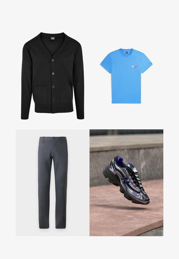 Zwarte cardigan van zacht materiaal, met een V-hals, lange mouwen, vijf knopen en twee voorzakken met ribbelafwerking.; Lichtblauw T-shirt met korte mouwen en ronde hals, met een klein "Tommy Jeans" logo in wit en rood op de linkerborst en een klein vlaggetje op de linkermouw.; Grijze, gestructureerde broek met een rechte pasvorm, voorzien van een tailleband met riemlussen, voorzakken en een enkele knoopsluiting.; Zwart-paars New Balance 1000 sneaker zwevend boven een betonnen oppervlak met een vage stenen muur op de achtergrond.