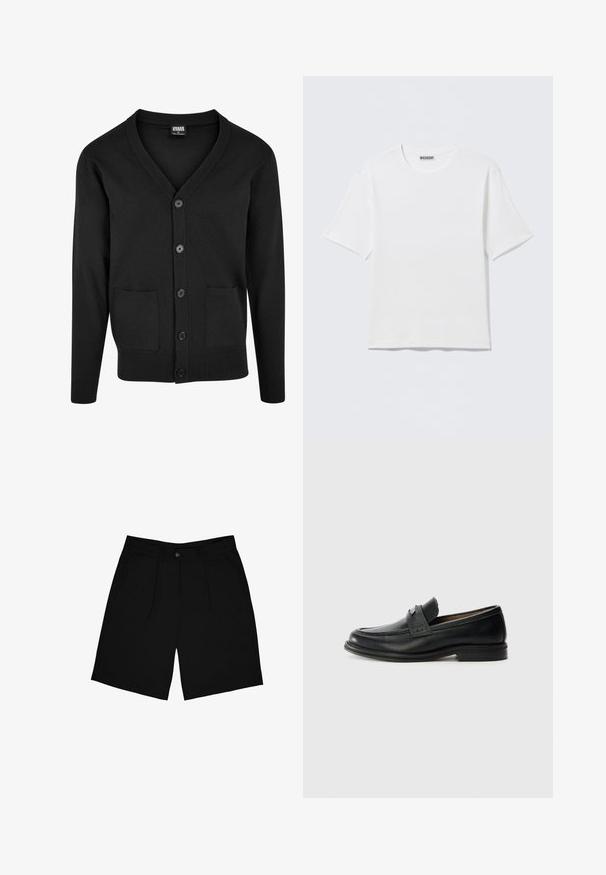 Sort cardigan lavet af blødt materiale, med V-hals, lange ærmer, fem knapper og to frontlommer med ribbet trim.; Hvid, kortærmet t-shirt med rund hals og et lille "WEEKDAY"-mærke på indersiden af bagkraven, vist på en flad overflade.; Sorte shorts lavet af stof med en glat tekstur, der har en frontknaplukning, to sidelommer og et plisseret design.; Sorte læder loafers med en glat finish, der har et tekstureret øverste bånd, lav hæl og minimale syninger.