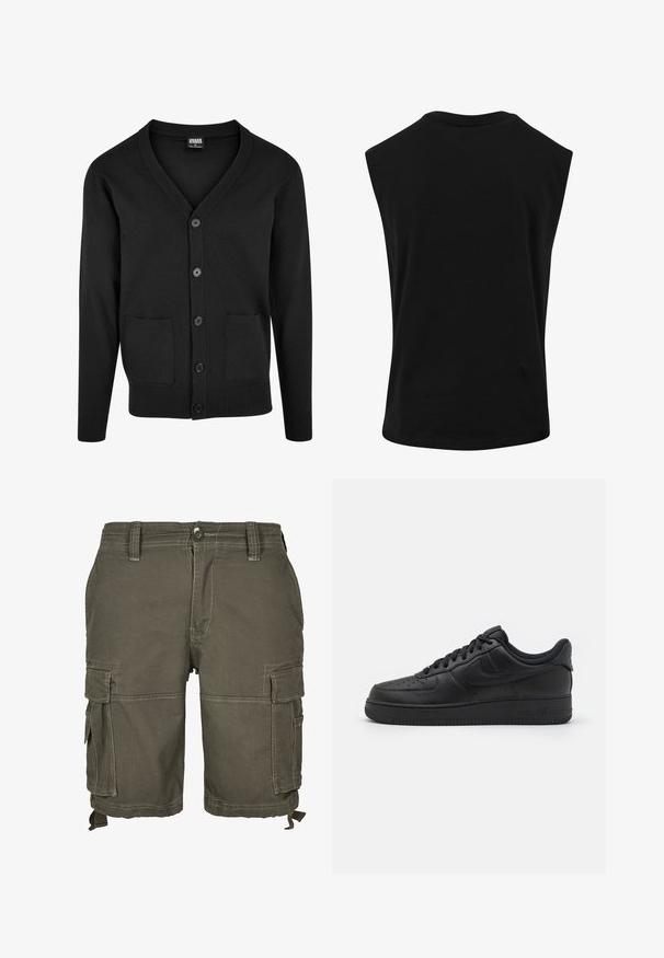 Čierny cardigan vyrobený z mäkkého materiálu, s výstrihom do V, dlhými rukávmi, piatimi gombíkmi a dvoma prednými vreckami s rebrovaným lemovaním.; Čierny top bez rukávov vyrobený z hladkého, ľahkého materiálu s okrúhlym výstrihom a voľným strihom. Bez viditeľných vzorov alebo akcentov.; Olivové cargo šortky vyrobené z odolnej tkaniny, s viacerými bočnými vreckami, pútkami na opasok a prešitým detailom pre väčšiu textúru.; Nike Sportswear AIR FORCE 1 07 FLYEASE - Tenisky - black