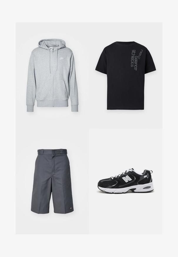 Sweat à fermeture éclair gris en tissu doux avec une poche kangourou, une capuche à cordon de serrage et un petit logo blanc sur la poitrine.; T-shirt noir à manches courtes avec texte vertical blanc en contour "new balance athletics" sur le haut gauche de la poitrine.; Shorts gris en tissu durable, dotés d'une coupe droite, de deux poches latérales et d'un petit logo sur la poche arrière.; Baskets de sport noires et grises avec un tige en mesh et en suède, présentant une semelle intermédiaire blanche, des lacets et un logo "N" audacieux sur le côté.