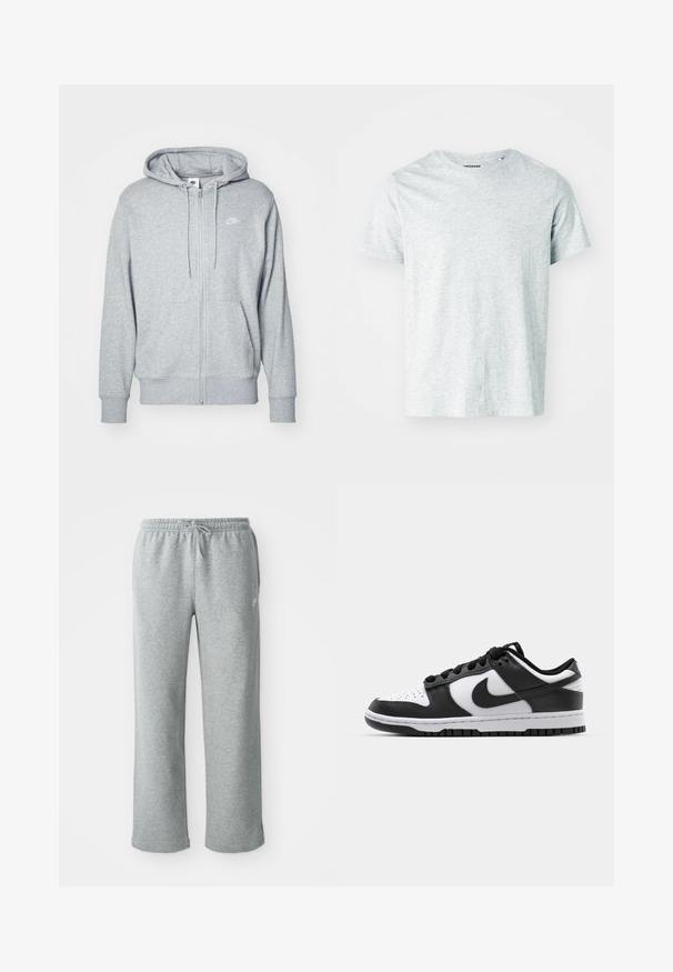 Sudadera gris con cremallera, hecha de una tela suave, con un bolsillo tipo canguro, capucha con cordones y un pequeño logo blanco en el pecho.; Camiseta de manga corta gris claro, confeccionada en una tela suave, con cuello redondo y un corte ligeramente relajado. Sin patrones ni gráficos visibles.; Pantalones de chándal de algodón grises con cinturilla elástica, cierre de cordón y piernas rectas. Presentan un pequeño logo en la parte superior izquierda.; Zapatillas Nike Dunk en blanco y negro con parte superior de cuero, puntera perforada, cordones negros y suela de goma negra con diseño de tracción.