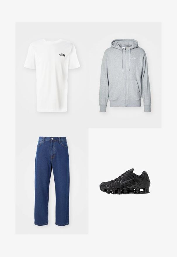 Sudadera gris con cremallera, hecha de una tela suave, con un bolsillo tipo canguro, capucha con cordones y un pequeño logo blanco en el pecho.; Camiseta de algodón de manga corta blanca. Presenta un pequeño logo negro en el lado izquierdo del pecho. Bajo recto y cuello redondo.; Vaqueros de tiro alto de algodón, con una silueta de pierna recta, costuras visibles y un cierre de botón en la parte delantera.; Zapatillas deportivas negras fabricadas con malla y materiales sintéticos, con un diseño ondulado distintivo, suela de goma negra y detalles reflectantes.
