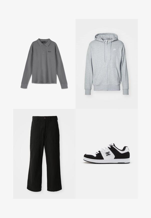 Grau zip-up Hoodie aus weichem Stoff mit einer Kängurutasche, teilschnürbare Kapuze und einem kleinen weißen Logo auf der Brust.; Langarm-Polohemd aus gestreiftem grauem Stoff. Verfügt über einen Kragen, eine Drei-Knopf-Leiste und dezente schwarze Markenkennzeichnung auf der Brust.; Schwarze weit geschnittene Hose aus weichem Stoff, mit Fronttaschen und einem Knopfverschluss an der Taille. Minimalistisches Design ohne sichtbare Muster.; Schwarz-weißer Sneaker aus einer Kombination von Leder und Wildleder, mit perforierter Zehenpartie, strukturierten Akzenten und Logodetail.