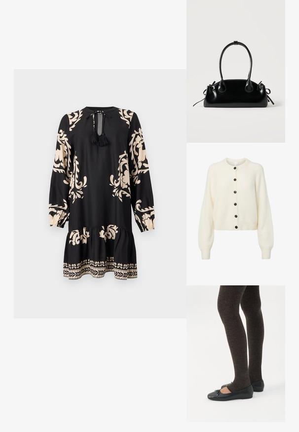 Blød hvid strikket cardigan med lange ærmer, ribbede manchetter og kant, samt seks mørke knapper ned langs midten foran.; Sort kjole med lange ærmer, prydet med beige blomster mønstre og en flæse i bunden. Includerer en bindebånd ved halsen med frynser for detalje.; Ben iført mørke ribbede leggings kombineret med sorte balletsko med små sløjfedetaljer på hvid baggrund.; Lille sort blank håndtaske med to lange håndtag og snøre-detaljer i siden på en ensfarvet lys baggrund.