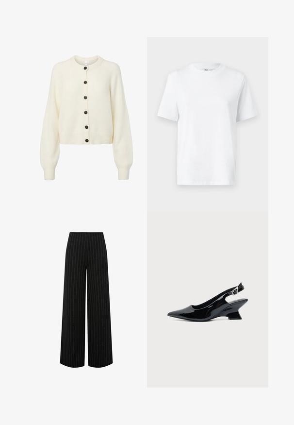 Cárdigan blanco suave de punto con mangas largas, puños y dobladillo acanalados, y seis botones oscuros en el centro delantera.; Camiseta de algodón blanca de cuello redondo con mangas cortas y una textura suave. Diseñada con un ajuste relajado para mayor comodidad y versatilidad.; Pantalones negros de pierna ancha con rayas verticales blancas y cintura alta, mostrados extendidos sobre un fondo blanco.; Zapato slingback de cuero charol negro con puntera puntiaguda y tacón bajo en bloque inclinado sobre fondo claro liso.