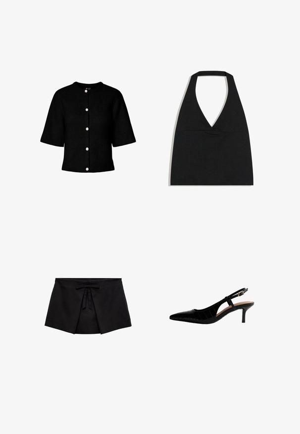 Zwarte gebreide cardigan met een ronde halslijn, korte mouwen en vijf roze knopen aan de voorkant. Heeft een geribbelde textuur.; Zwarte haltercrop top met diepe V-halslijn en brede nekband tegen een witte achtergrond.; Zwarte wikkelstijl minirok met voorplooidetail en een kleine strik bij de tailleband.; Zwarte slingback hoge hak schoen met een spitse neus, krokodillenstructuur, dunne hak en een gespsluiting aan de zijkant.
