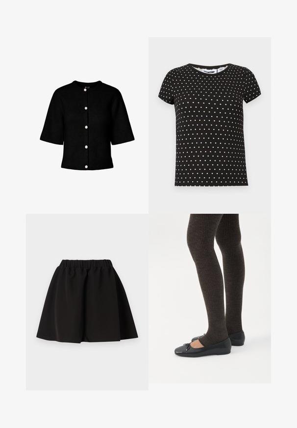 Sort strikket cardigan med rund halsudskæring, korte ærmer og fem lyserøde knapper ned foran. Har en ribstrikket struktur.; Sort kortærmet t-shirt med hvide polkaprikker, rund halsudskæring og lige kant.; Sort nederdel med elastik i taljen, A-formet silhuet og knælængde, ensfarvet design, vist fladt mod hvid baggrund.; Ben iført mørke ribbede leggings kombineret med sorte balletsko med små sløjfedetaljer på hvid baggrund.