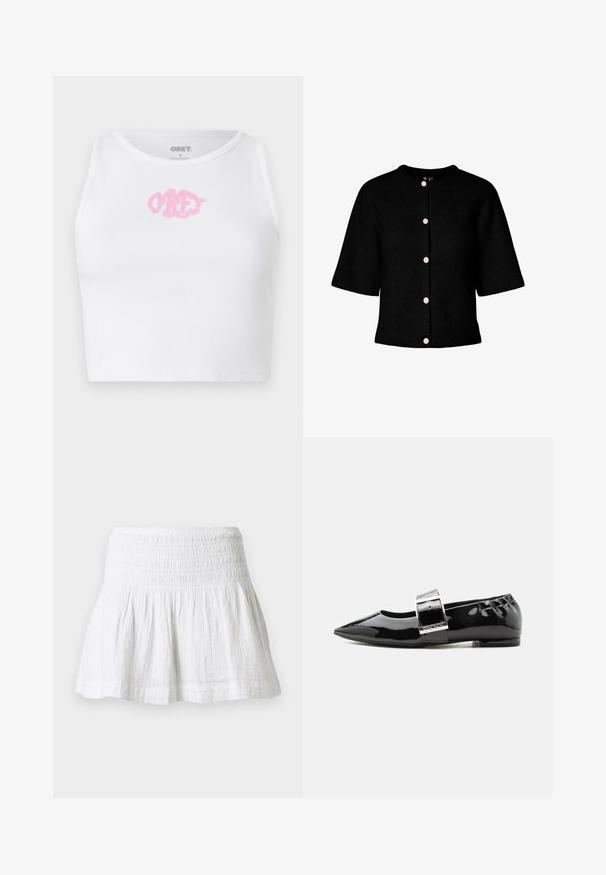 Cárdigan negro de punto con cuello redondo, mangas cortas y cinco botones rosas en la parte delantera. Presenta una textura acanalada.; Top corto blanco de canalé con un logo rosa de "OBEY" en el centro. Diseñado con un escote redondo y sin mangas.; Minifalda blanca de algodón con cintura elástica fruncida y dobladillo acampanado recogido sobre fondo liso.; Zapato plano de charol negro con puntera puntiaguda, parte trasera elástica y gran hebilla plateada en la correa superior.
