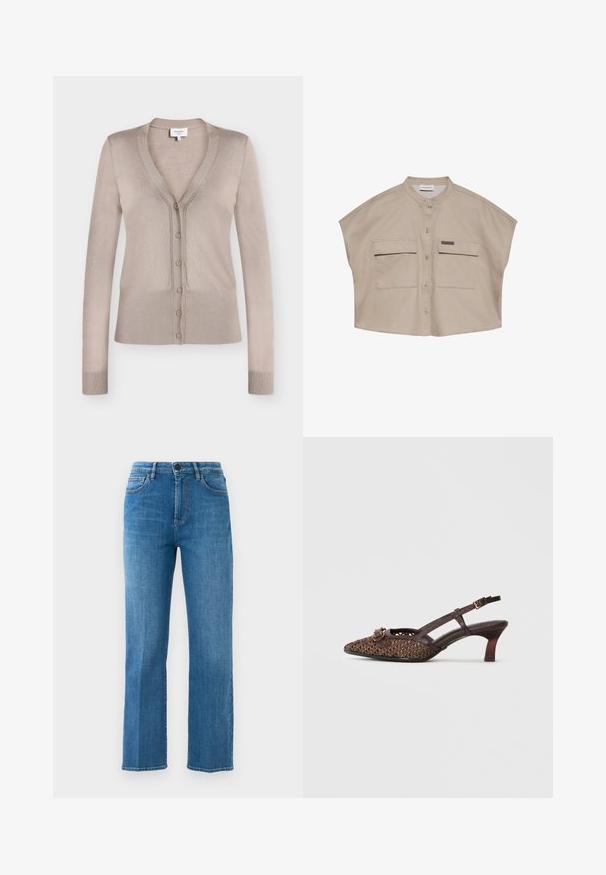 Beige langærmet cardigan med V-hals, knapper foran, ribstrikkede manchetter og kant, vist på hvid baggrund.; Beige kortærmet skjorte med mandarin-krave, lukning foran med knapper og to store klaplommer, hvoraf den ene har et Calvin Klein mærke.; Lige ben, blå denim jeans med forlommer, bæltestropper, lynlås og knaplukning mod en ensfarvet hvid baggrund.; Brun vævet slingback-hæl med spids tå, der har en dekorativ spænde, slanke stropper og en moderat hælhøjde.
