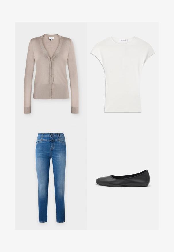 Beige Strickjacke mit langen Ärmeln, V-Ausschnitt, durchgehender Knopfleiste, geripptem Bündchen und Saum, auf weißem Hintergrund dargestellt.; Weißes Kurzarmhemd aus weichem, geripptem Stoff. Runder Ausschnitt; lockere Passform mit leichten Cap-Ärmeln. Markenetikett am Ausschnitt sichtbar.; Klassische blaue Jeans aus Denim mit geradem Bein, gestaltet mit einem mittelhohen Bund, Vordertaschen und orangefarbenen Nähten.; Schwarze Leder-Ballettschuhe mit abgerundeter Spitze, glatter Textur, minimalen Nähdetails und einem flexiblen Sohlen-Design.