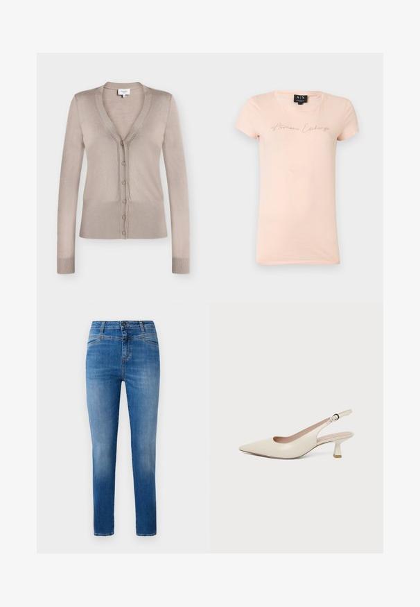 Beige lange mouwen vest met V-hals, knoopsluiting aan de voorkant, geribde manchetten en zoom, weergegeven op een witte achtergrond.; Lichtroze T-shirt met korte mouwen en "Armani Exchange" in kleine cursief geschreven kristallen over de borst, ronde halslijn, maat medium.; Klassieke blauwe denim jeans met een rechte pijp, ontworpen met een middelhoge taille, voorzakken en oranje stiksels.; Crèmekleurige slingback met puntige neus, kleine gebogen kittenhak en verstelbare gespband.
