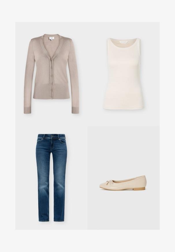Cardigan beige à manches longues avec col en V, fermeture boutonnée devant, poignets et bord-côte à la base, présenté sur fond blanc.; Débardeur sans manches côtelé de couleur crème avec encolure ronde, étiquette "Moss Copenhagen" visible à l'intérieur du col.; Jean en denim bleu avec un design classique à cinq poches, fermeture par bouton et fermeture éclair, et légère décoloration sur les cuisses et les genoux avant.; Ballerines beiges en matériau synthétique lisse. Dotées d'un petit talon carré, elles présentent un détail noué avec des accents dorés à l'avant.