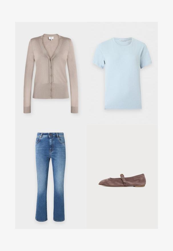 Cardigan beige à manches longues avec col en V, fermeture boutonnée devant, poignets et bord-côte à la base, présenté sur fond blanc.; T-shirt bleu clair manches courtes à col rond avec une étiquette de marque visible à l'intérieur du col sur fond uni.; Jean en denim bleu taille haute avec jambes légèrement évasées, cinq poches, fermeture par bouton et décoloration subtile sur le devant.; Chaussure plate Mary Jane en daim marron avec un bout pointu et une petite bride à boucle dorée sur fond blanc.