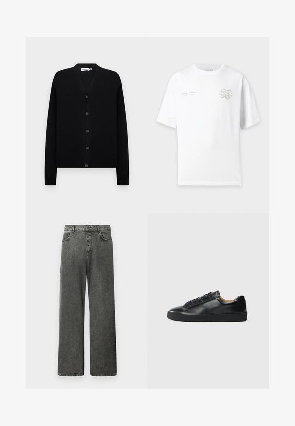 Cardigan noir à col en V avec manches longues et cinq boutons sur le devant, poignets et ourlet côtelés, présenté sur un fond clair uni.; T-shirt blanc à manches courtes avec un petit graphisme gris et le texte "Filling Pieces" sur la poitrine, présenté sur un fond gris clair.; Jeans en denim noir à jambes larges avec poches avant et arrière, passants de ceinture et fermeture bouton à la taille.; Baskets en cuir noir avec une texture lisse, bout rond et fermeture à lacets. Comprend une semelle en caoutchouc épaisse et un minimum de détails de marque.
