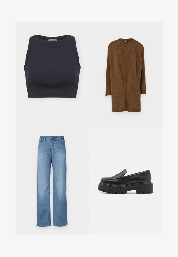Brun strikket cardigan med åben front, lange ærmer og en struktureret mønster. Blødt materiale og afslappet pasform. Ingen lukninger eller pynt.; Sort ribbet crop top med rund halsudskæring og uden ærmer. Glat tekstur, tætsiddende form og minimalistisk stil.; Lyseblå denim brede bukser med et klassisk fem-lomme design, knaplukning og diskrete syninger langs sømmene.; Sorte læder loafers med en lav, grov gummi sål, syede detaljer på overdelen og en glat overflade.