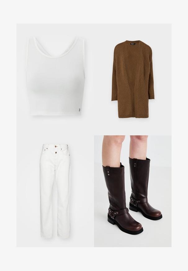 Cardigan en maille marron avec un devant ouvert, des manches longues et un motif texturé. Matière douce et coupe décontractée. Pas de fermetures ni d'embellissements.; Top court blanc avec un tissu texturé, décolleté arrondi et un design à dos superposé avec un petit logo accentué sur le côté.; Jeans en denim blanc avec une coupe droite ; comprend une fermeture à bouton et à glissière, des coutures beiges et des poches avant.; Bottines en cuir marron jusqu'aux genoux avec une texture lisse, dotées d'une large sangle et d'accents en métal triangulaires, semelles en caoutchouc plates.