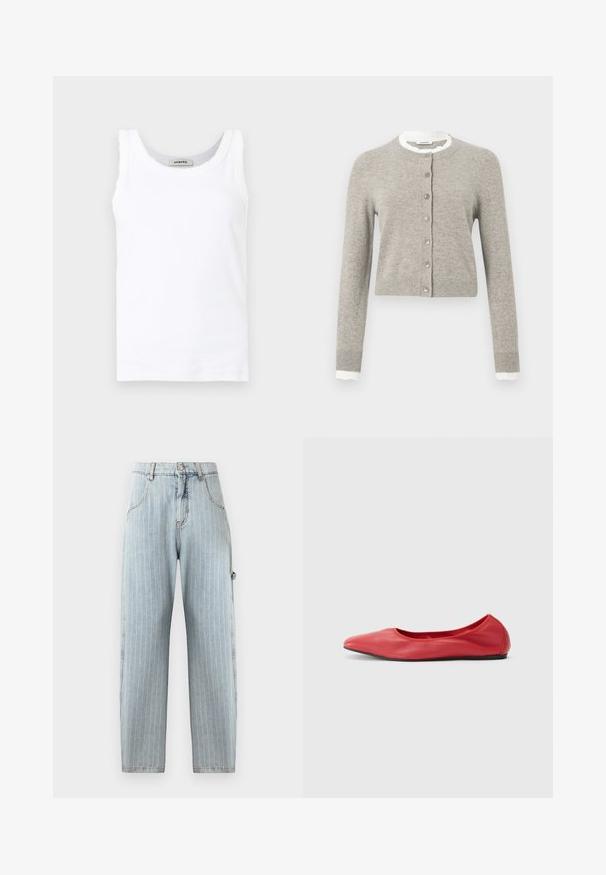 Gilet gris clair en tissu doux, avec un col rond, des manches longues et une fermeture à boutons. Comprend des détails blancs festonnés aux poignets.; Débardeur blanc sans manches en maille côtelée avec encolure ronde et bordure délicate en dentelle le long des bords, présenté sur un fond uni.; Pantalons en denim bleu clair avec des rayures verticales blanches, design à jambe droite, cinq poches et une poche cargo latérale.; Filippa K REY FLATS - Ballerines - bright red