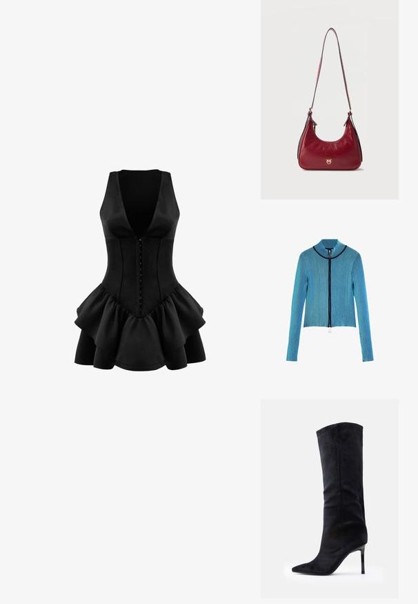 Blå ribstrikket jakke med lynlås, der har en høj krave, lange ærmer og en sølvfarvet lynlåsdetalje. Tekstureret stof med lodrette striber.; OW Collection AUGUSTA - Jerseykjole - black; Sorte knæhøje støvler lavet af ruskind med spids tå og tynd stilet hæl, med en glat tekstur og tætsiddende design.; Lille skuldertaske i mørkerødt læder med en enkelt rem og en guldfarvet logoemblem midt foran.