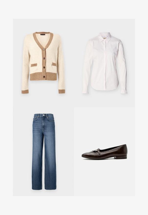 Cremefarbener Cardigan mit brauner, gerippter Einfassung am Kragen, an den Bündchen, am Saum und an den Taschenklappen, mit vier braunen Knöpfen vorne.; Weißes Damenlangarmshirt mit spitzem Kragen, verdeckten vorderen Knöpfen und kleinen Rüschendetails an den Manschetten.; Blaue Jeans aus Denim mit hohem Bund und weitem Schnitt. Verfügt über ein klassisches Fünf-Taschen-Design und metallene Knopfdetails.; Dunkelbrauner Lackleder-Mary-Jane-Schuh mit niedrigem Absatz, rundem Zehenbereich und kleinem Schnallenriemen über dem Spann.