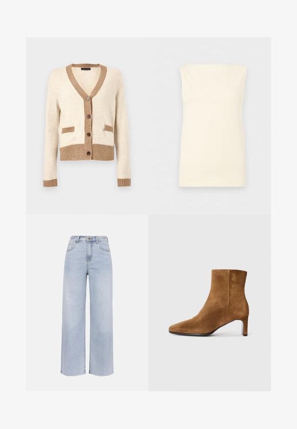 Cremefarvet cardigan med brun ribkant på krave, manchetter, kant og lommespidser, med fire brune knapper foran.; Ærmeløs, cremefarvet, tætsiddende top med en lige udskæring og glat tekstur mod en neutral baggrund.; Lyseblå high-waist jeans med vide ben, frontknapper og lynlås, to lommer foran og to lommer bagpå samt rå kanter.; Brune ruskinds ankelstøvle med spids tå og slank hæl i mellem højde, set fra siden på en ensfarvet hvid baggrund.