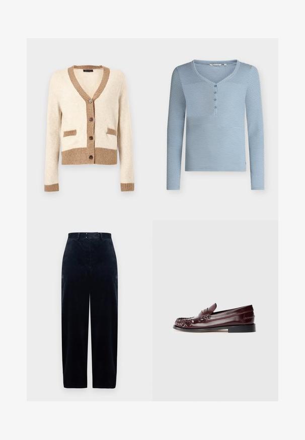 Cardigan crème avec bordure côtelée marron sur le col, les poignets, l'ourlet et les rabats des poches, avec quatre boutons marron sur le devant.; Chemise henley à manches longues rayée horizontale bleu et blanc avec quatre boutons et un col en V arrondi.; Pantalon en velours côtelé bleu marine avec taille haute, jambes droites et deux poches avant. Doté d'une fermeture par bouton et glissière. Tissu texturé.; Mocassin penny en cuir bordeaux avec semelle noire et détail en métal doré sur le dessus, présenté en vue latérale sur fond blanc.