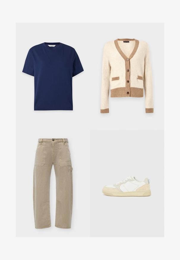 Cardigan crème avec bordure côtelée marron sur le col, les poignets, l'ourlet et les rabats des poches, avec quatre boutons marron sur le devant.; T-shirt en coton bleu marine à manches courtes avec col rond et design simple, posé à plat sur fond blanc.; Pantalon utilitaire beige à coupe droite avec poches plaquées à l’avant, une poche cargo latérale, passants de ceinture et détails cousus aux genoux.; Baskets blanches et beiges avec dessus en suède et textile, présentant des coutures contrastées, une semelle en caoutchouc et un accent bleu clair sur le talon.