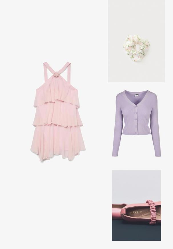 Cárdigan de canalé lila con mangas largas, escote en V y seis botones a juego en la parte delantera, hecho de un material de punto suave.; Vestido sin mangas de color rosa pálido con volantes en capas, que presenta un acento de rosa en la parte posterior y tirantes cruzados, confeccionado con una tela ligera.; Zapatos planos rosas con acabado liso de cuero, tira elástica y marca dorada en el interior. Forma de punta circular y diseño minimalista.; Coletero de tela blanca con un patrón de flores rosas y hojas verdes sobre un fondo claro.