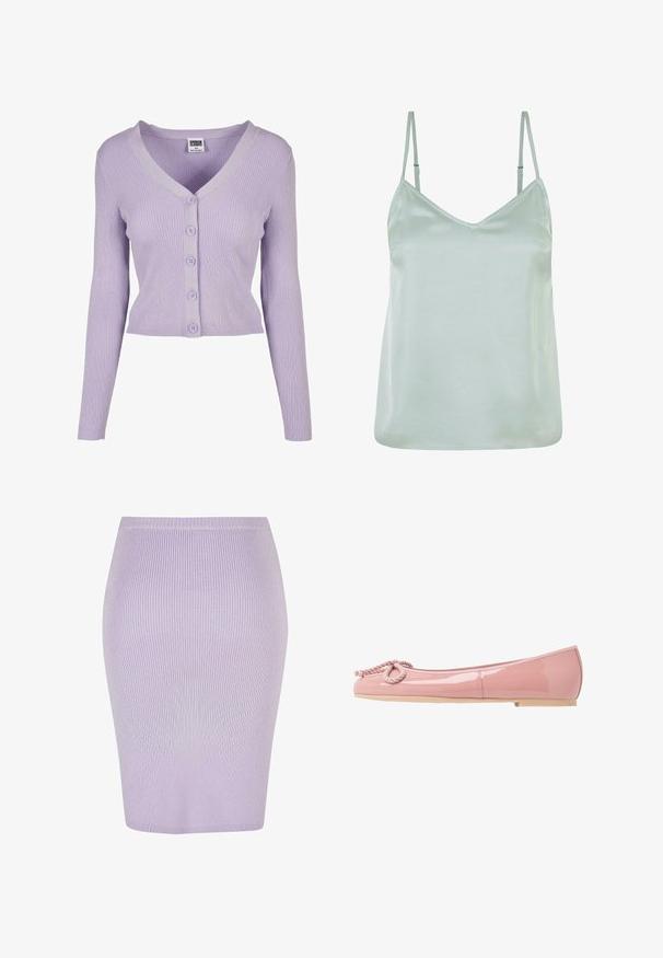 Cardigan lilas à côtes avec des manches longues, décolleté en V et six boutons assortis sur le devant, fabriqué en matériau tricoté doux.; Camisole en satin vert clair avec des bretelles fines ajustables et un décolleté en V, présentant une texture lisse et une coupe décontractée.; Jupe crayon côtelée en violet clair avec un design ajusté. Présente une taille haute, une texture lisse et une coupe au niveau des genoux.; Ballerines en cuir verni rose avec un bout arrondi, détail en corde à l'avant et semelle en caoutchouc beige. Fini lisse et brillant sur l'ensemble.