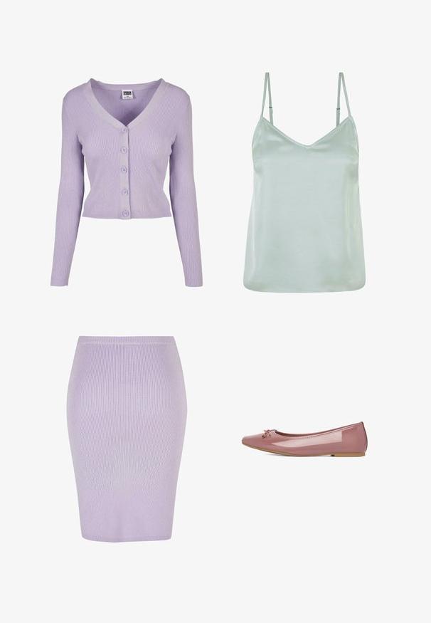 Cardigan lilas à côtes avec des manches longues, décolleté en V et six boutons assortis sur le devant, fabriqué en matériau tricoté doux.; Camisole en satin vert clair avec des bretelles fines ajustables et un décolleté en V, présentant une texture lisse et une coupe décontractée.; Jupe crayon côtelée en violet clair avec un design ajusté. Présente une taille haute, une texture lisse et une coupe au niveau des genoux.; Jenny FLATS BALLERINAS - Ballerines - pink