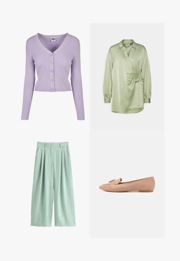 Lilla ribbet cardigan med lange ærmer, V-udskæring og seks matchende knapper ned ad fronten, lavet af blødt strikket materiale.; 2nd Day DARSHA WAVES - Bluse - sage green; Lysegrønne bukser med vide ben og høj talje, for-ploer, bæltestropper og sidelommer, vist på en hvid baggrund.; Lyserøde ruskindsflade sko med spids tå, der har en fold-over detalje og guldspænde. Lav, flad sål. Glat tekstur.