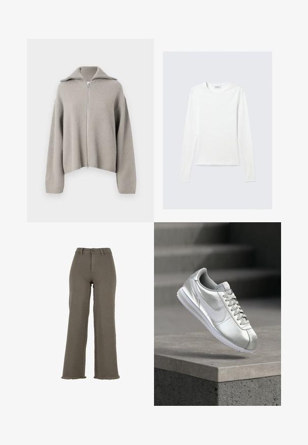 Lichtgrijze geribbelde ritssluitingtrui met een gespreide kraag en verlaagde schouders. Heeft een gestructureerde stof en een cropped ontwerp.; Effen wit shirt met lange mouwen en ronde hals, slim fit, afgebeeld tegen een lichtgrijze achtergrond.; Wijde broek met hoge taille in olijfgroen, met knoop- en ritssluiting, riemlussen en gefraaide zoom.; Zilveren Nike-sneaker met witte swoosh en veters, zwevend boven een betonnen richel met wazige trappen op de achtergrond.