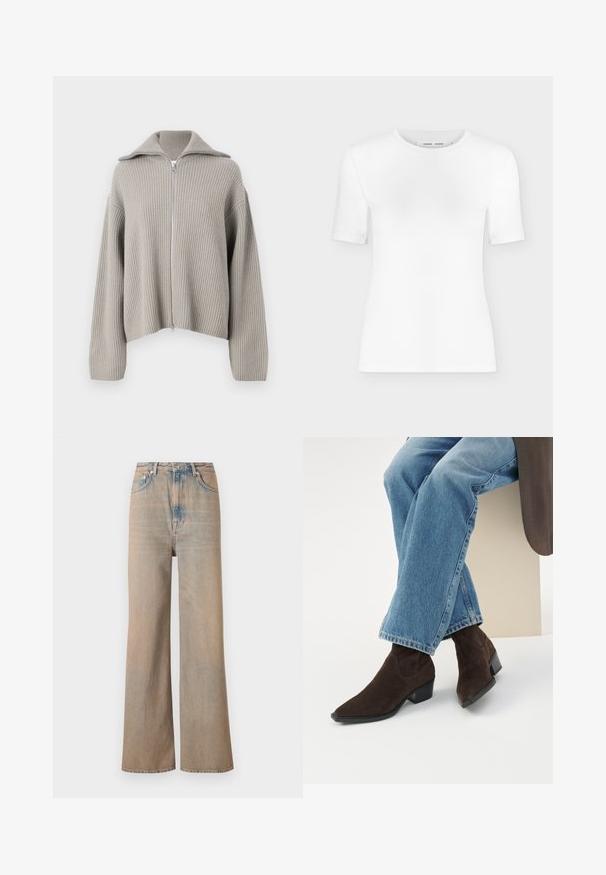 Lyst grå ribbet zip-sweater med spredt krave og drop shoulders. Har et struktureret stof og et cropped design.; Hvid T-shirt med rund hals, korte ærmer, slank pasform og ribbet stofstruktur, vist på en ensfarvet lys grå baggrund.; Lyse vaskede, vide ben jeans med høj talje, lavet af denim. Har diskret syninger og fem lommer, med en let falmet tekstur.; Ben krydset iført lyseblå jeans og mørkebrune ruskind ankelsstøvler med lave blokhæle mod en ensfarvet baggrund.