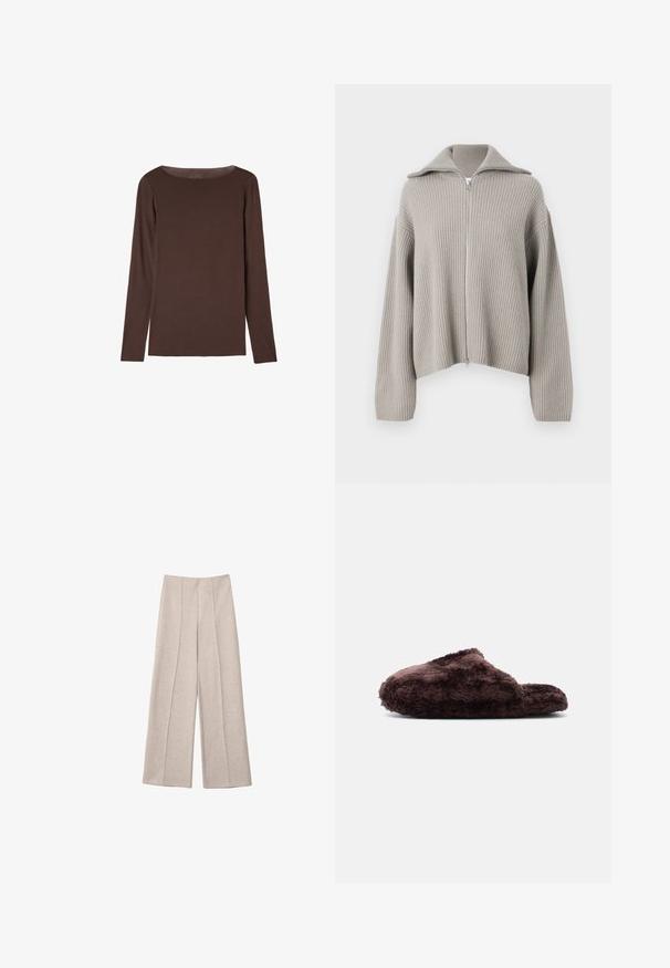 Pull en maille côtelée gris clair, zippé, avec un col évasé et des épaules tombantes. À noter un tissu texturé et une coupe cropped.; Chemise marron à manches longues avec un col rond, au design simple et ajusté, sans motifs ni logos visibles.; Pantalons larges beiges en tissu doux, avec des plis avant marqués et une taille haute cintrée, sans poches visibles.; Chausson marron duveteux à enfiler, avec bout fermé et arrière ouvert, photographié de profil sur fond blanc.