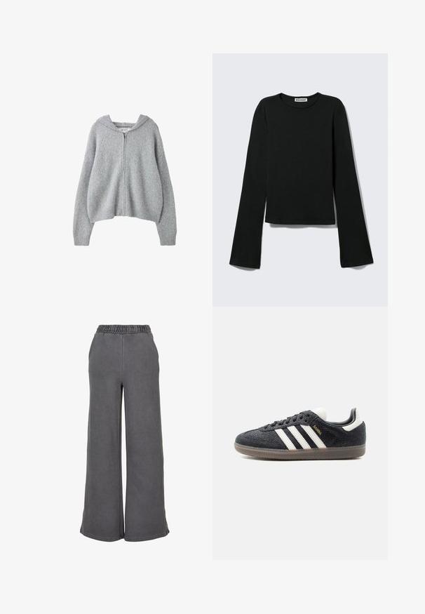 Lysegrå strikket cardigan med lynlås, lange ærmer og hætte, vist mod en hvid baggrund.; Sort langærmet rundhalset skjorte med en figursyet silhuet og let udvidede ærmer, mærket med "Weekday" brandetiketten ved halsudskæringen.; Breddebenede grå sweats lavet af blødt stof, med elastisk talje for komfort. Glat tekstur uden synlige mønstre eller detaljer.; Sort Adidas Samba sneaker med hvide striber, gumisål og guldfarvet "Samba" tekst på siden, vist fra venstre profil på ensfarvet baggrund.