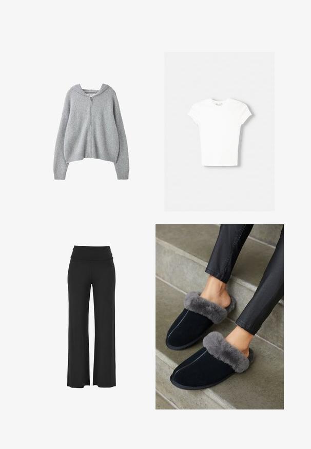 Lysegrå strikket cardigan med lynlås, lange ærmer og hætte, vist mod en hvid baggrund.; Hvid kortærmet t-shirt lavet af blød bomuld, med rund halsudskæring og en tætsiddende form. Ingen synlige mønstre eller udsmykninger.; Sorte, brede bukser med et højt, draperet talje bånd lavet af et blødt, strækbart materiale, der har glatte, jævne syninger og ingen synlige mønstre.; Sorte ruskinds slippers med en grå faux fur manchet, rund tå og kontrastsyning. Blød tekstur og slip-on design for nem brug.