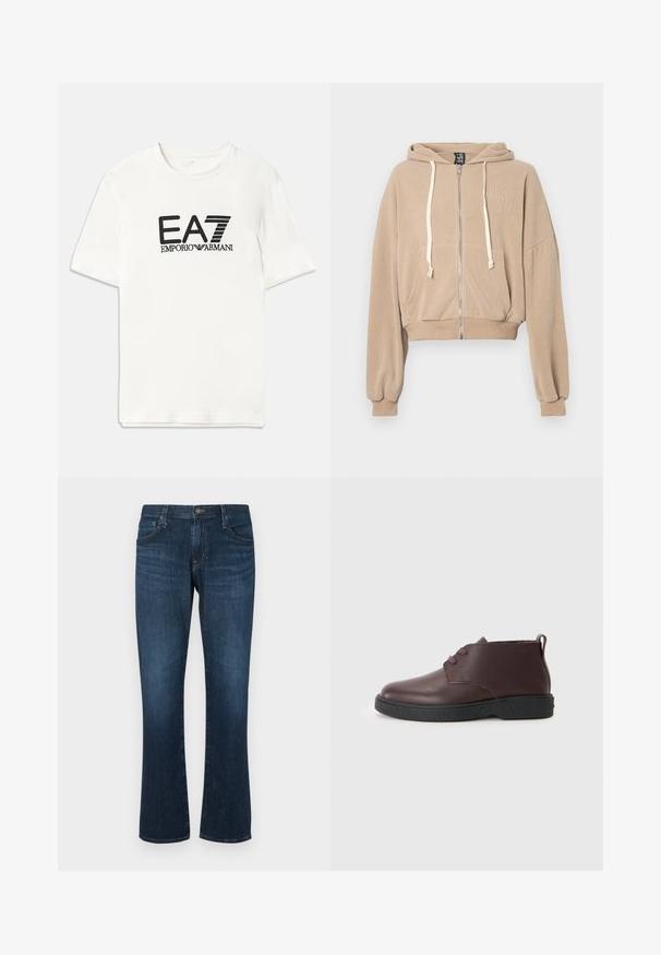 Sudadera cortada beige con cremallera en el frente, capucha con cordón y bolsillos laterales. Presenta mangas voluminosas y puños de canalé. Material suave.; Camiseta blanca de algodón con un logo negro de EA7 y el texto "EMPORIO ARMANI". Mangas cortas, cuello redondo, corte regular, textura suave.; Jeans de mezclilla azul oscuro con un diseño de pierna recta, cinco bolsillos y cierre de botón metálico. Textura suave con un ligero desvanecimiento.; Botín de cuero marrón con punta redonda, dos ojales para cordones, suela texturizada negra y una pestaña en el talón.