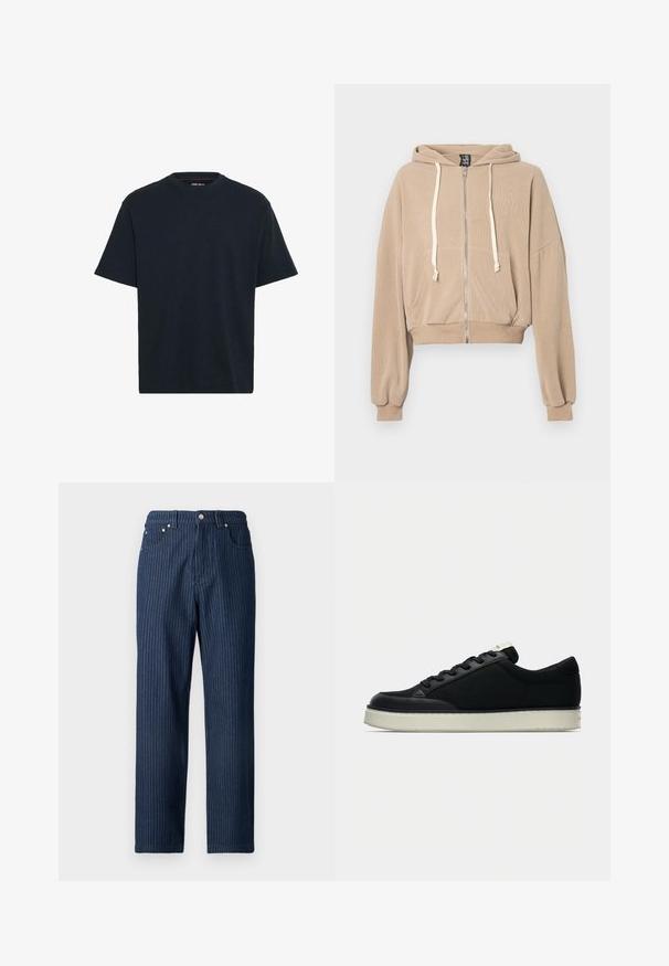 Beige cropped hoodie med lynlås foran, snoretræk i hætten og sidelommer. Har voluminøse ærmer og ribbede manchetter. Blødt materiale.; Marineblå bomulds T-shirt med rund hals, korte ærmer og en afslappet pasform. Glat tekstur uden synlige mønstre eller accenter.; Mørkeblå denim bukser med lodrette hvide nålestriber, lige ben-design, fem lommer og metalbeslag ved taljen.; Sort sneaker med en glat lædertoeskygge, tekstiloverdel, flade snørebånd og en hvid gummisål. Minimalistisk design med kontrasterende detaljer.