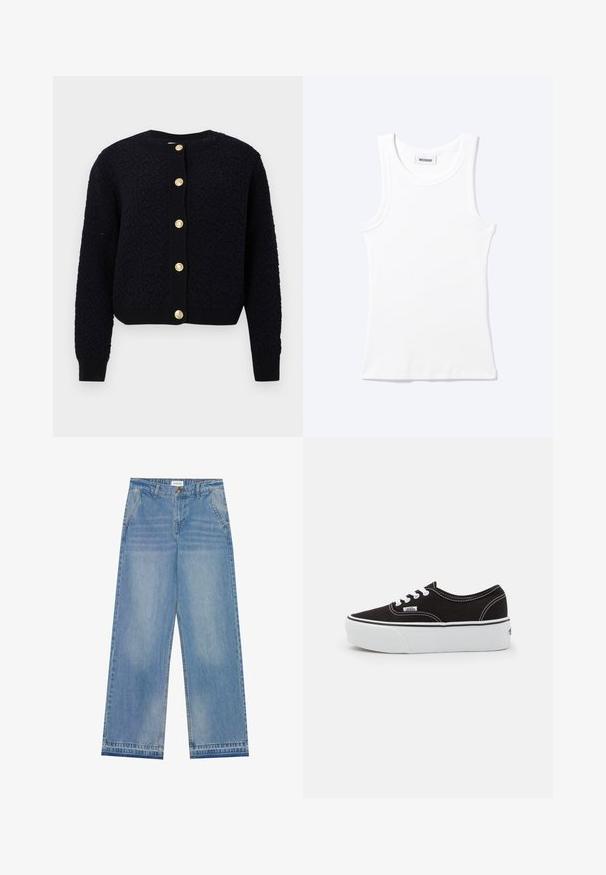 Marineblå strikket cardigan med et struktureret mønster, rund halsudskæring og fem knapper i guldfarve foran. Ribkantede manchetter og kant.; Hvid ærmeløs ribstrikket top med rund halsudskæring og en lille label med teksten "WEEKDAY" indeni kraven.; Lyseblå højtaljede wide-leg jeans med knaplukning, frontlommer, bæltestropper og diskret falmet detaljer.; Sort lærred sneakers med en hvid gummi platform sål, der har hvide snørebånd og syninger, ikonisk branding på siden, lav-top design.