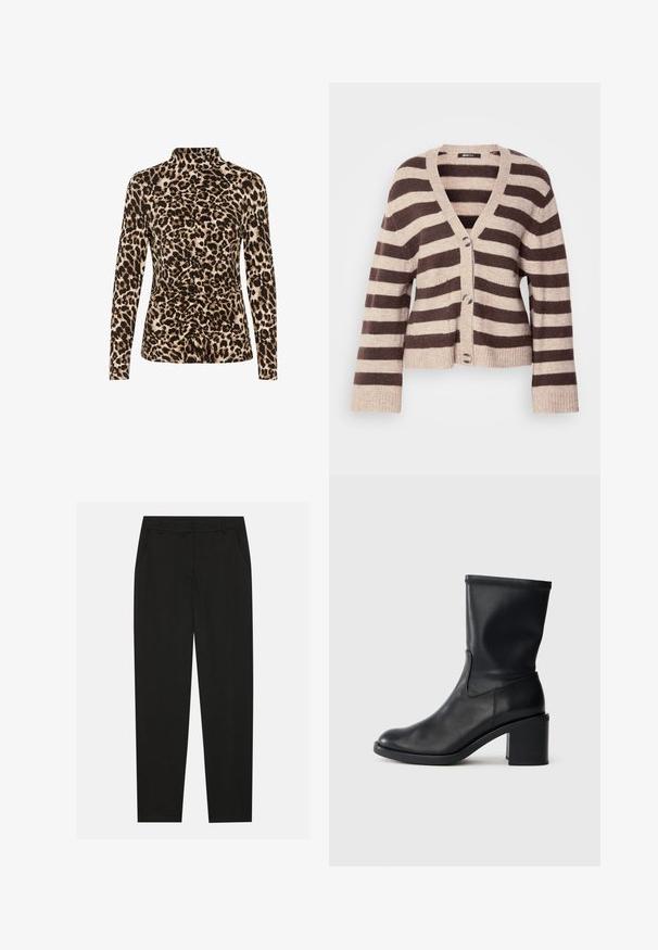 Gilet rayé marron et beige avec un col en V, des manches longues, une fermeture à boutons et des poignets et ourlet côtelés. Matériau en tricot doux.; Haut à manches longues avec un col montant, imprimé léopard dans des tons bruns et beiges, avec des détails froncés à l'avant pour une mise en forme.; Pantalon noir au design ajusté, doté de poches latérales et d'une jambe droite. Fabriqué en tissu lisse et léger avec une finition élégante.; Botte en cuir noir à cheville avec un bout rond, texture lisse et un talon épais, présentant un tige ajustée et un subtil détail de couture.
