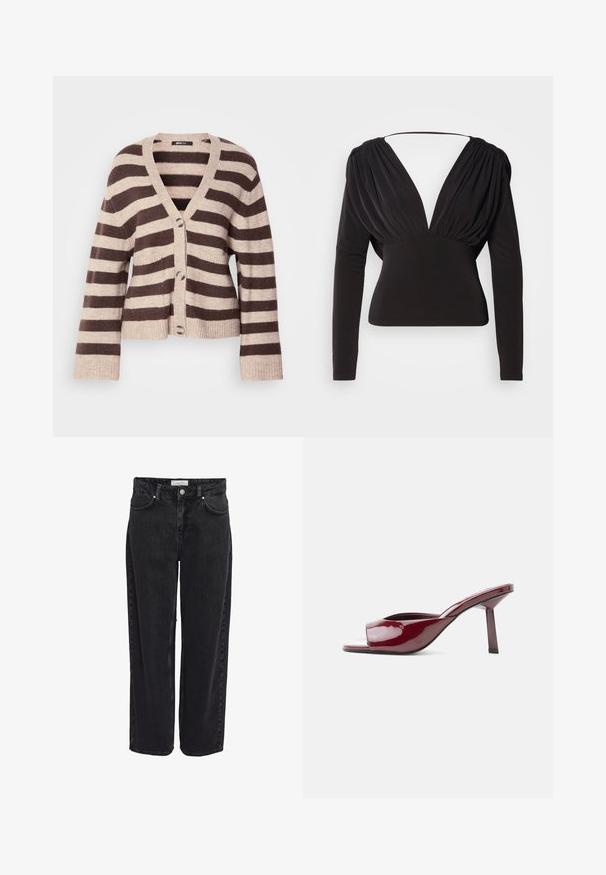 Bruine en beige gestreepte cardi met een V-hals, lange mouwen, knoopsluiting en geribde manchetten en onderkant. Zachte breimateriaal.; Zwarte top met een diepe V-hals, lange mouwen en gerimpelde details bij de schouders, gemaakt van een glad, rekbaar stof.; Zwarte denim wijde pijpen jeans met een hoge taille, vijfzakkenontwerp en ritssluiting. Soepele textuur met minimale zichtbare stiksel details.; Glinsterende bordeauxrode open-teen mule met een slanke, middelhoge hak en een gebogen voetbed, op een effen witte achtergrond.