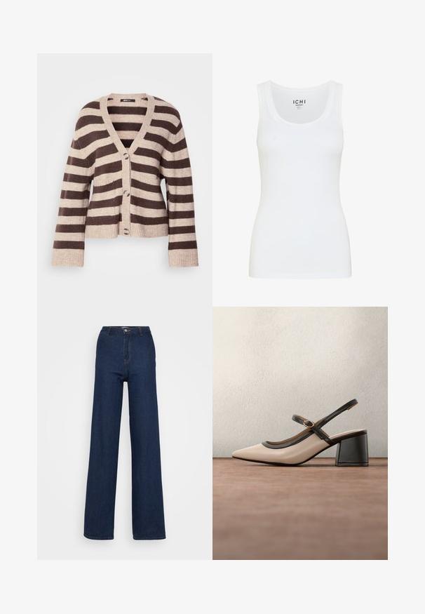 Gilet rayé marron et beige avec un col en V, des manches longues, une fermeture à boutons et des poignets et ourlet côtelés. Matériau en tricot doux.; Débardeur blanc en tissu lisse. Présente une encolure ronde et des bretelles larges. Design légèrement ajusté sans motifs ni embellissements visibles.; Jean en denim bleu foncé à jambe large et taille haute, avec une fermeture à bouton sur le devant, des coutures discrètes et une texture lisse et robuste.; Chaussure beige à talons hauts avec bride arrière, bout pointu, bordure noire et détail boucle. Matériau lisse à finition mate, talon moyen épais.