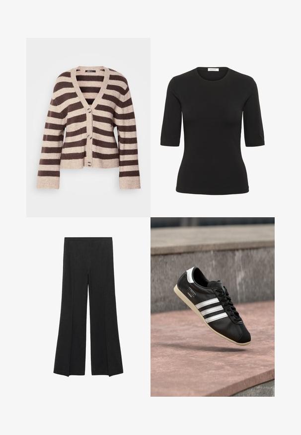 Brun og beige stribet cardigan med V-hals, lange ærmer, knaplukning og ribbede manchetter og kant. Blødt strikket materiale.; Sort t-shirt med korte ærmer lavet af blødt stof med rund halsudskæring og tætsiddende pasform. Har minimal syning og ingen mønstre.; Sorte brede bukser med diskrete lodrette striber og elastisk talje, præsenteret fladt på en hvid baggrund.; Sort lædersneaker med hvide striber og sål, snøret, svævende over en rosa betonoverflade med en grå stenvæg i baggrunden.