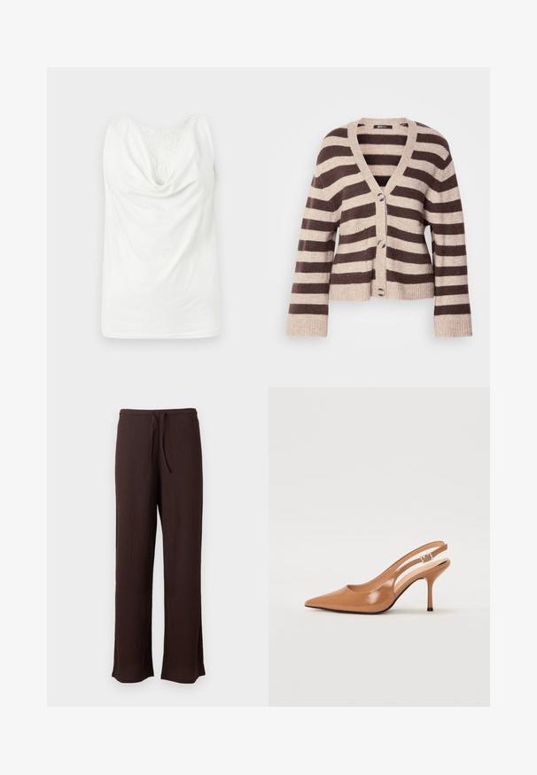 Gilet rayé marron et beige avec un col en V, des manches longues, une fermeture à boutons et des poignets et ourlet côtelés. Matériau en tricot doux.; Blouse blanche sans manches avec col bénitier et panneau en dentelle sur le haut de la poitrine, présentée à plat sur un fond clair.; Pantalon large texturé marron foncé avec ceinture élastique et cordon, présenté sur un fond clair uni.; Escarpin à talon slingback à bout pointu en matériau beige lisse et brillant. Présente un design de découpes courbées et un talon aiguille fin. Détail de boucle en argent.