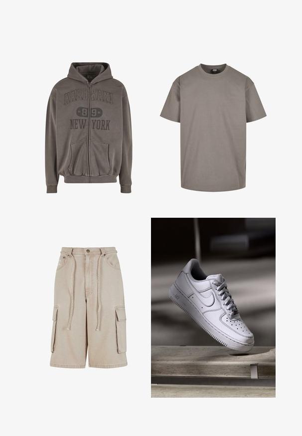 Grauer Kapuzenpullover mit Reißverschluss aus weichem Stoff, mit Kängurutasche, gerippten Bündchen und Brustgrafik mit dem Text: "KARL KANI 89 NEW YORK."; Graues Baumwoll-T-Shirt mit Rundhalsausschnitt, kurzen Ärmeln und einer lockeren Passform. Glatte Textur und keine sichtbaren Muster oder Akzente.; Beige Cargo-Shorts aus Baumwolle mit einem Kordelzugbund, zwei Seitentaschen und einer einzelnen Seitentasche, mit sichtbaren Nähdetails.; Weißer Nike Air Force 1 Sneaker aus Leder mit perforierter Zehenpartie, flachen Schnürsenkeln und strukturierter Gummisohle mit "AIR"-Branding an der Seite.