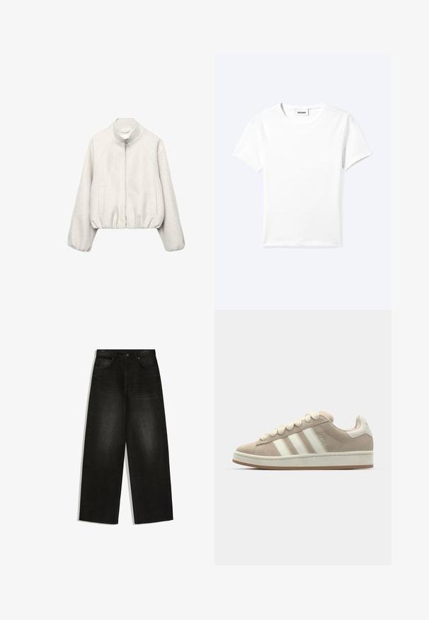 Lichtbeige cropped jack in zachte stof, met een opstaande kraag, ritssluiting, raglanmouwen en elastische zoom. Voorzien van twee steekzakken aan de voorkant.; Effen wit T-shirt met korte mouwen en ronde hals met een klein "WEEKDAY" label aan de binnenkant van de hals, plat neergelegd op een lichte achtergrond.; Zwarte denim jeans met wijde pijpen, knoop- en ritssluiting aan de voorkant, riemlussen en twee voorzakken op een witte achtergrond.; Tan suède sneaker met witte leren strepen en veters, rubberen zool, gewatteerde kraag en tekstuurdetails aan de bovenkant.