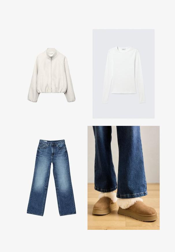 Veste cropped beige clair en tissu doux, dotée d'un col montant, d'une fermeture éclair, de manches raglan et d'un ourlet élastiqué. Deux poches avant incluses.; T-shirt blanc uni à manches longues avec col rond et coupe slim, présenté sur un fond gris clair.; Jean denim bleu à jambes larges avec poches avant et poche monnaie, fermeture à boutons, et lavage délavé sur les cuisses et les genoux.; Chaussons en daim marron avec un épais revers en fourrure légère, montés sur une semelle plateforme beige, associés à un jean en denim à coupe large.
