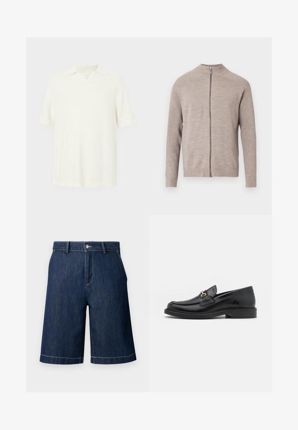 Beiger Reißverschluss-Cardigan mit hohem Kragen, gerippten Ärmeln und glattem Körper. Verfügt über einen Frontreißverschluss. Material wirkt weich.; Kurzärmeliges Poloshirt in hellecreme Farbe, aus strukturiertem Stoff, mit V-Ausschnitt und klassischem Kragen.; Dunkelblaue Jeansshorts mit Vordertaschen, Gürtelschlaufen, Knopfverschluss und sichtbaren weißen Nähten auf hellem Hintergrund.; Schwarze Lederleter mit einer abgerundeten Zehenpartie, ausgestattet mit goldenen Hardwareakzenten und Stichdetails, auf einer niedrigen, strukturierten Gummisohle.