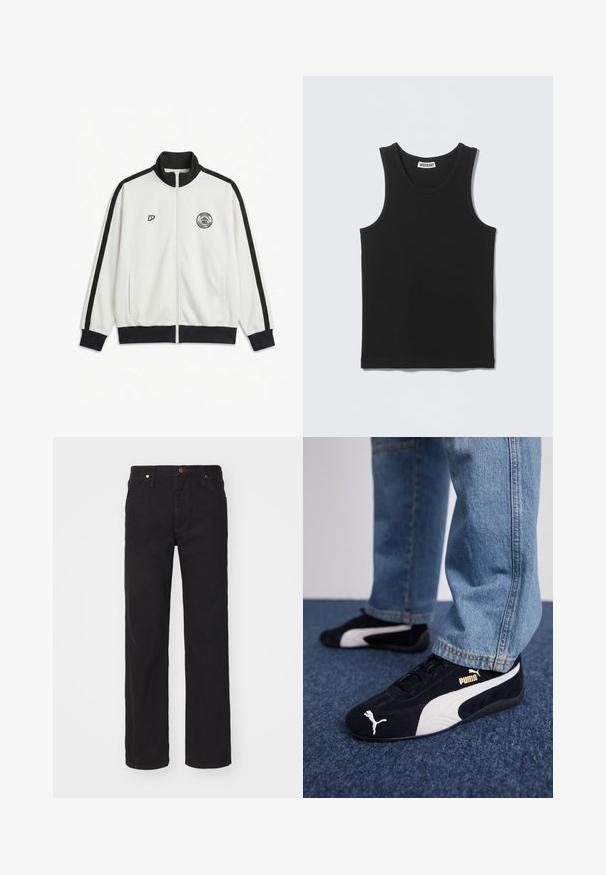 Hvid sportjakke med lynlås med sort krave, manchetter og striber på ærmerne, med to logoer på brystet og sidelommer.; Sort ærmeløs ribbet tanktop med rund halsudskæring og Weekday-mærke på inderkraven bagpå.; Sorte denimjeans med lige ben, forlommer, bæltestropper og knaplukning på ensfarvet baggrund.; Sorte ruskinds sneakers med hvide detaljer og et guldlogo. Båret med lyseblå denimjeans og sat på en struktureret blå overflade.